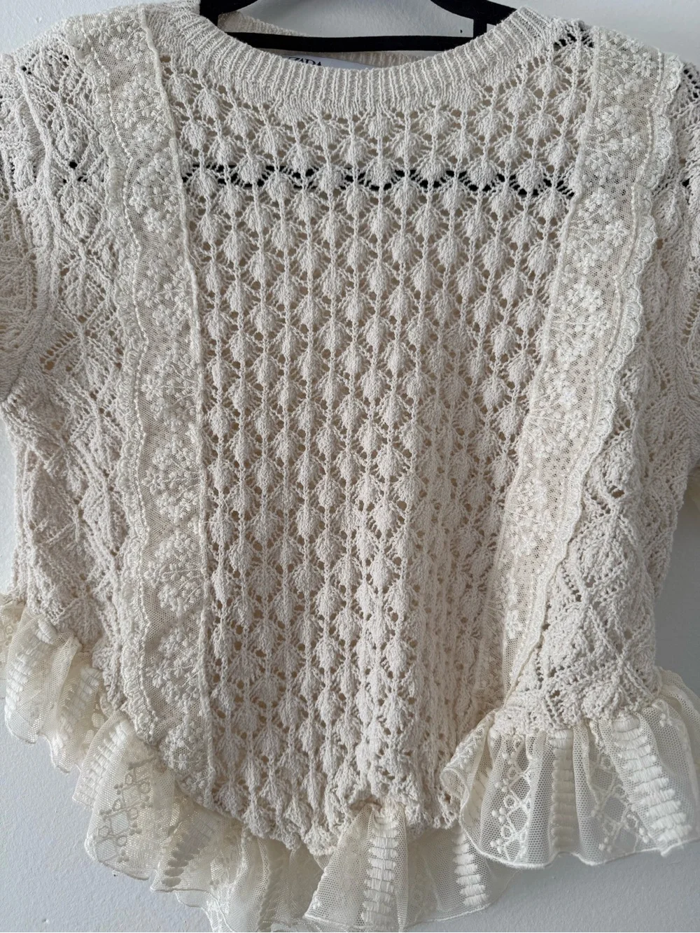 Zara Cream Lace-Knit Ruffle Hem Crop Top